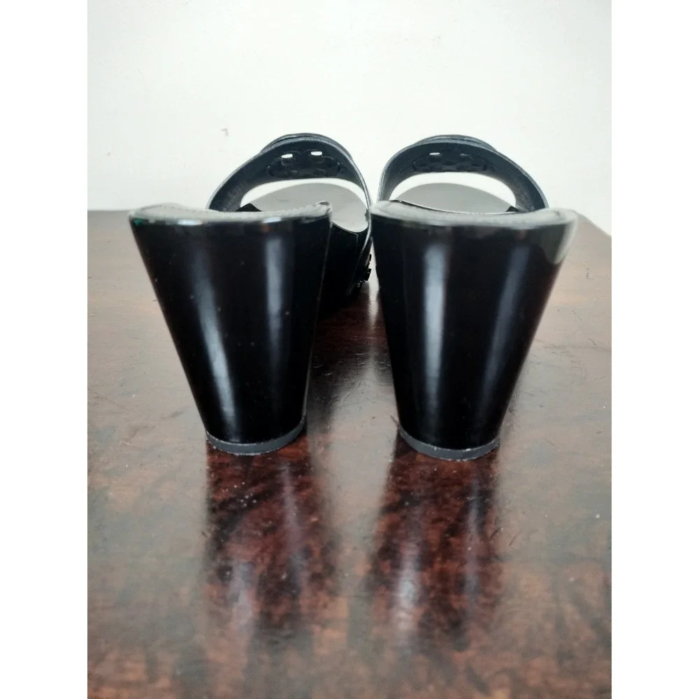 Tory Burch Black Leather Cutout Logo Wedge Clogs Sandals Size 7.5M